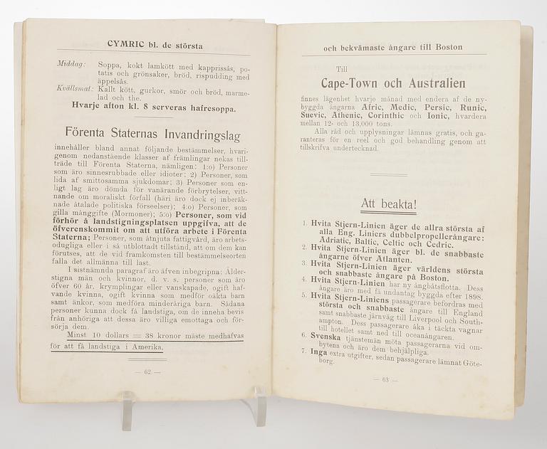 BROSCHYR. "HVITA STJERN LINIEN", "WHITE STAR LINE", Generalagent Carl Eriksson, Göteborgs Litografiska Aktiebolag, 1907.