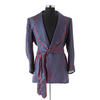 353. SULKA, a blue and red silk polka dotted dressing gown, 1980s.