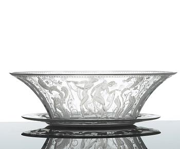 Simon Gate, an engraved glass bowl and stand, Orrefors, Sweden  1924, model 147.