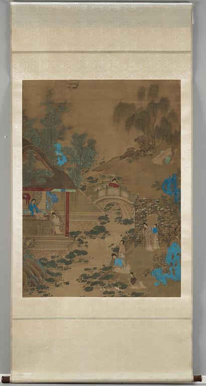 A hanging scroll of a garden scenery with court-ladies and attendants, Qing dynasty, 19th century.