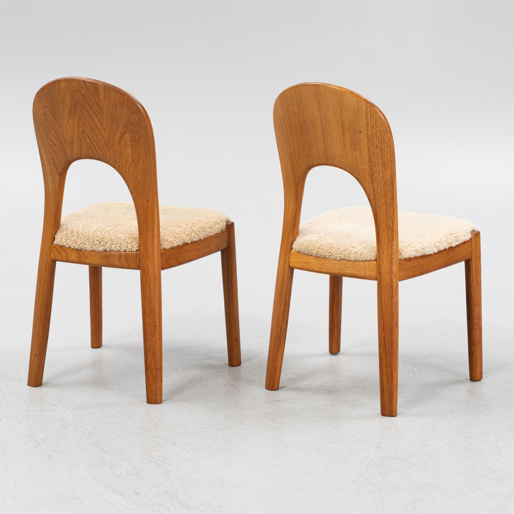 Niels Koefoed, six teak dining chairs upholstered in new sheep skin, Denmark, 1960's.