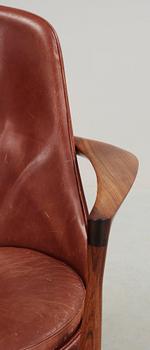 A pair of Ib Kofod Larsen palisander and brown leather 'Elisabeth' easy chairs, Christensen & Larsen, Denmark 1950-60's.