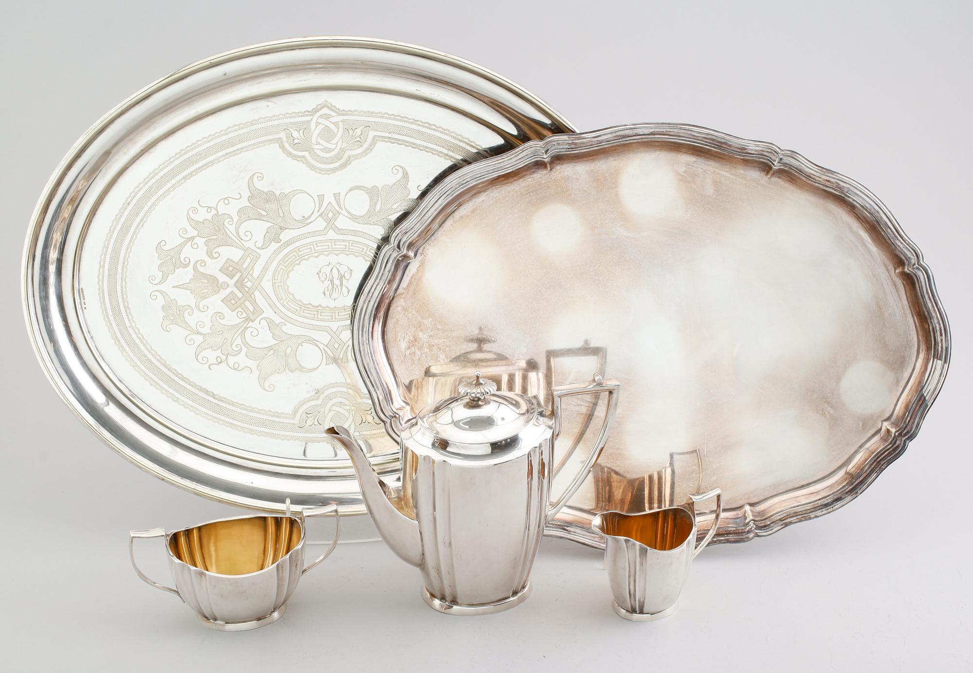 KAFFESERVIS, 3 delar samt BRICKOR, 2 st, nysilver, en märkt Dufva, 1900-talets första hälft.