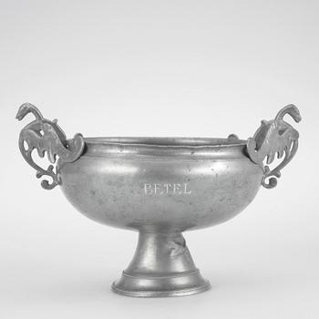 BRÄNNVINSSKÅL, tenn, Gottlob Friedrich Bauman, Hudiksvall 1831.