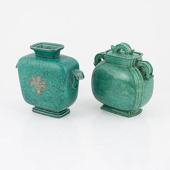 Wilhelm Kåge, vase  "Argenta", Gustavsberg, and green vase with lid.