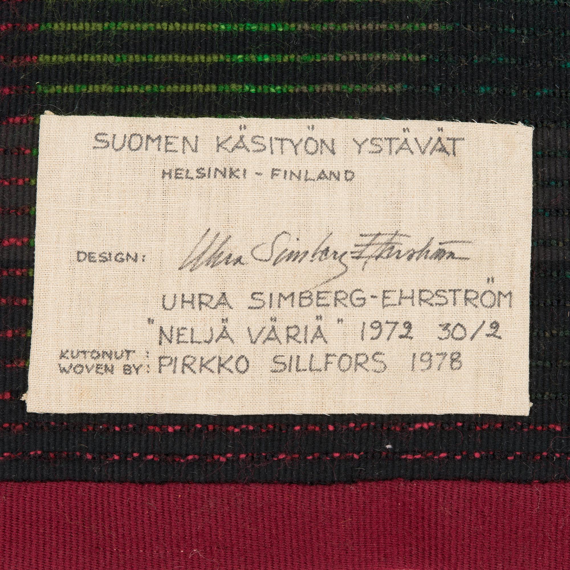Uhra-beata Simberg-Ehrström, signeerattu ryijy/ryijymatto, Suomen käsityön Ystävät. Noin 143x125 cm.