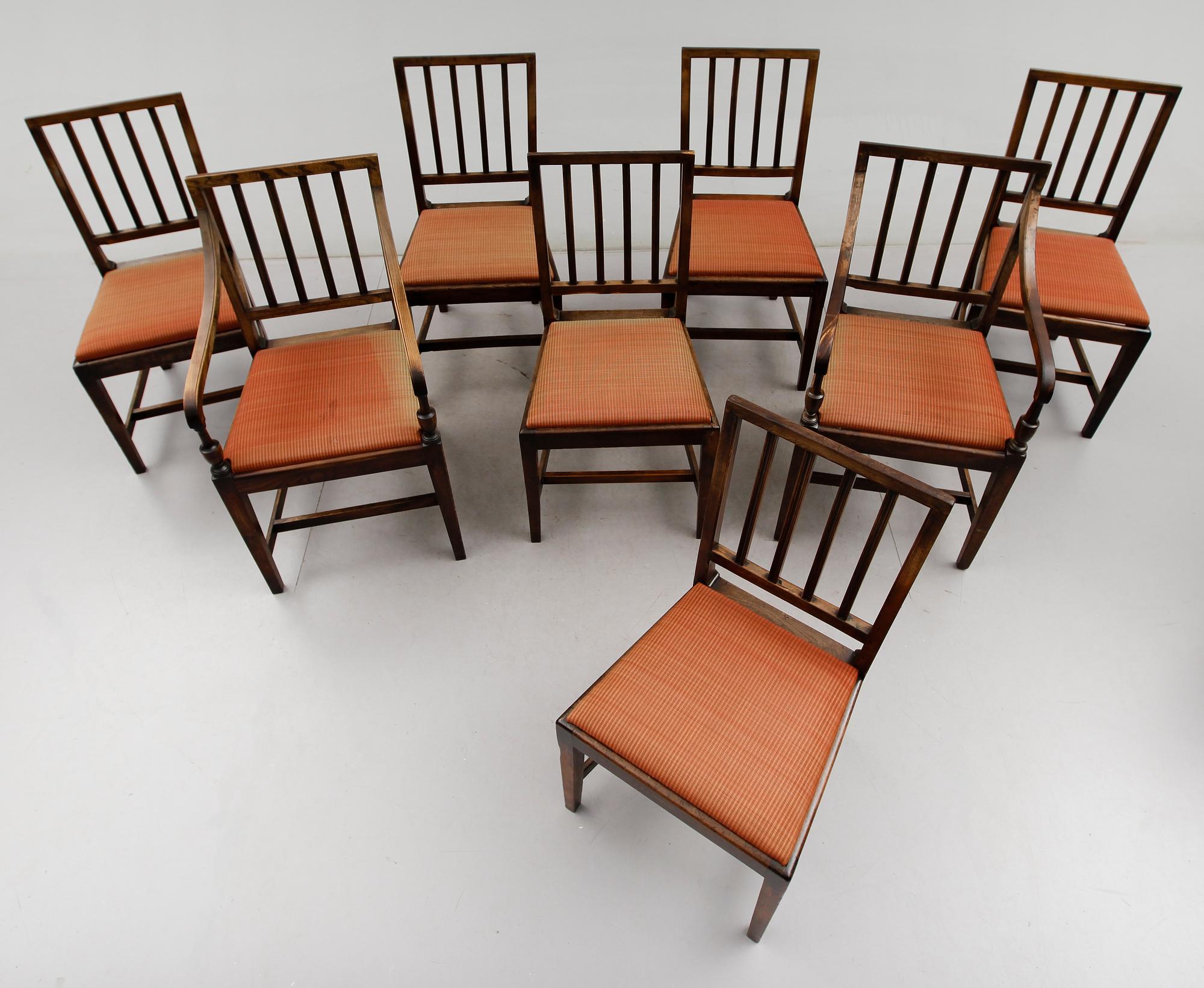 STOLAR 6 st och KARMSTOLAR 2 st, England, omkring år 1800 och 1900-tal.