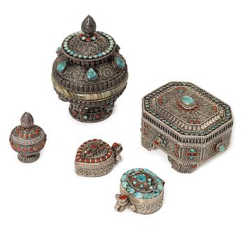 A group of five silver boxes with covers, South East Asia, 20th century.
