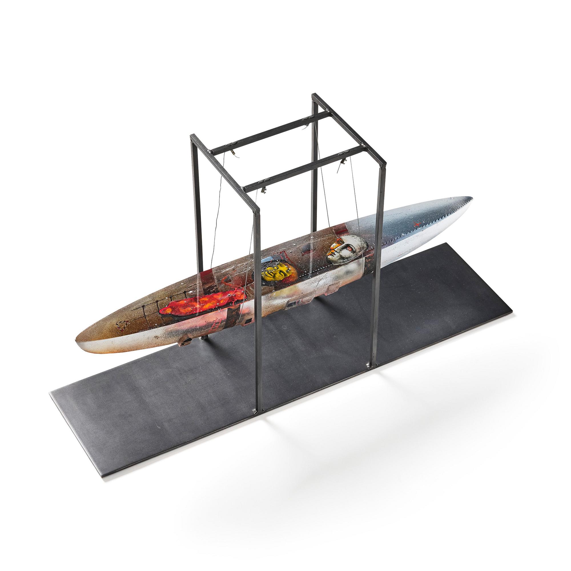 Bertil Vallien, a unique sand cast glass sculpture of a boat, Kosta Boda, Sweden.