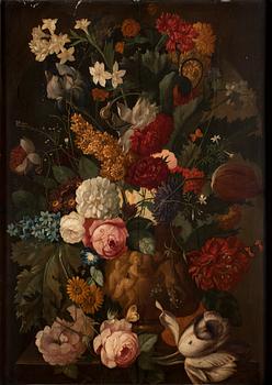 Still life with tulips, roses and butterflies.