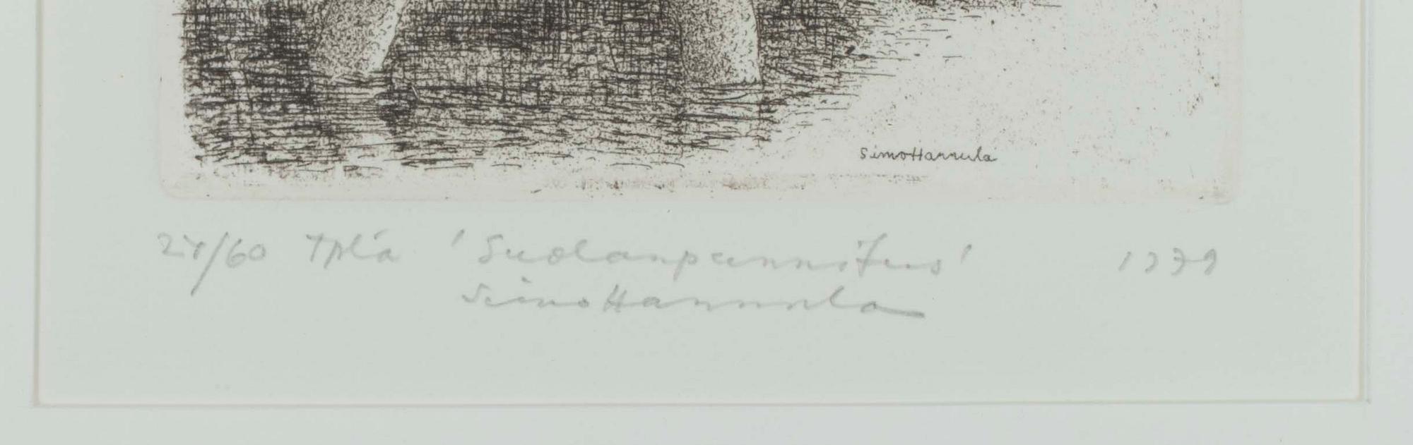 SIMO HANNULA, Litografi, "Saltvägning", tpl'a sign., dat. och numr. 24/60, 1979.