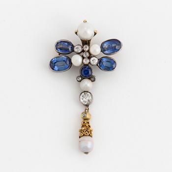 A brooch set with old-cut diamonds. fresh-water pearls and synthetic sapphires.