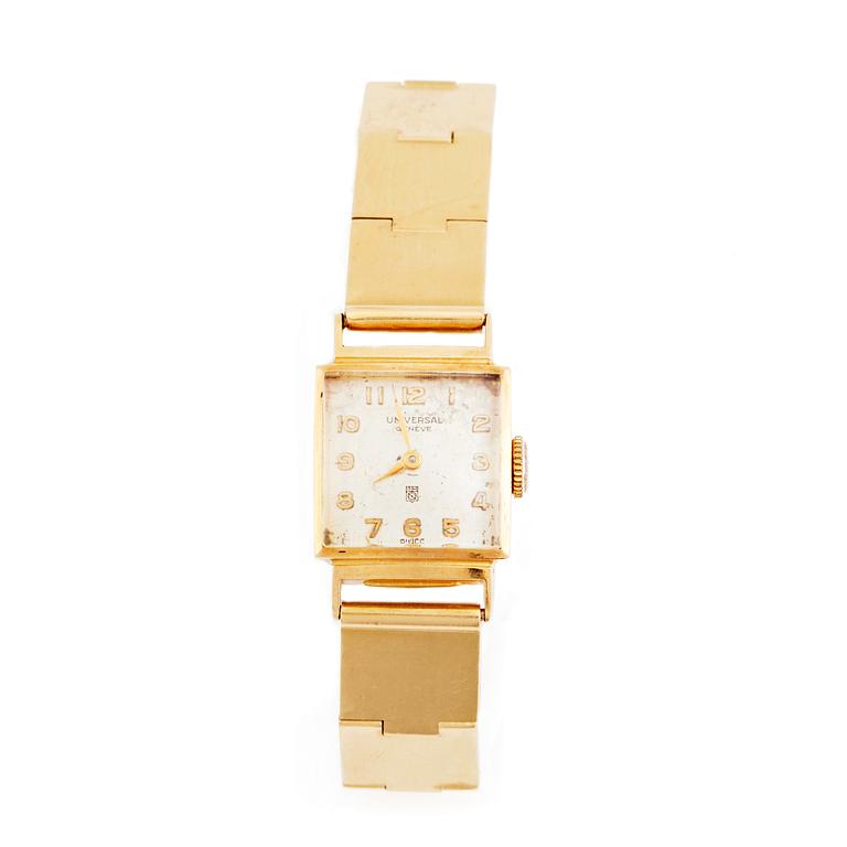 an 18K gold bracelet executed in Lund 1955 with an Universal wrist watch.