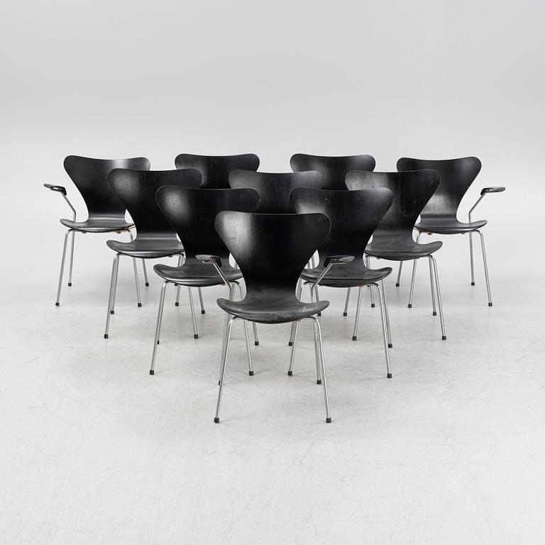 Arne Jacobsen, stolar, 7 st samt karmstolar, 3 st, "Sjuan", Fritz Hansen, Danmark.