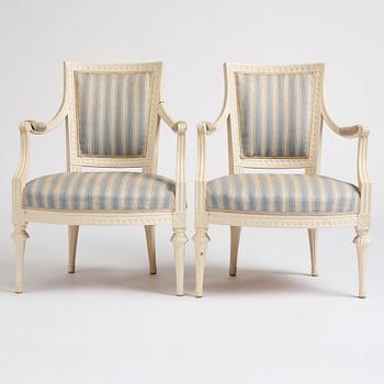 A pair of Gustavian armchairs, second part of the 18th century.
