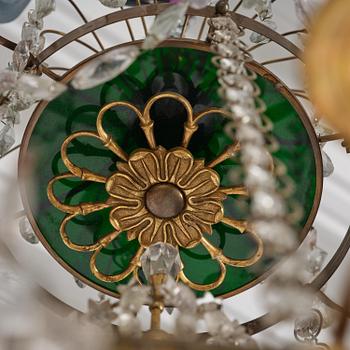 A Late gustavian green top glass six light chandelier.