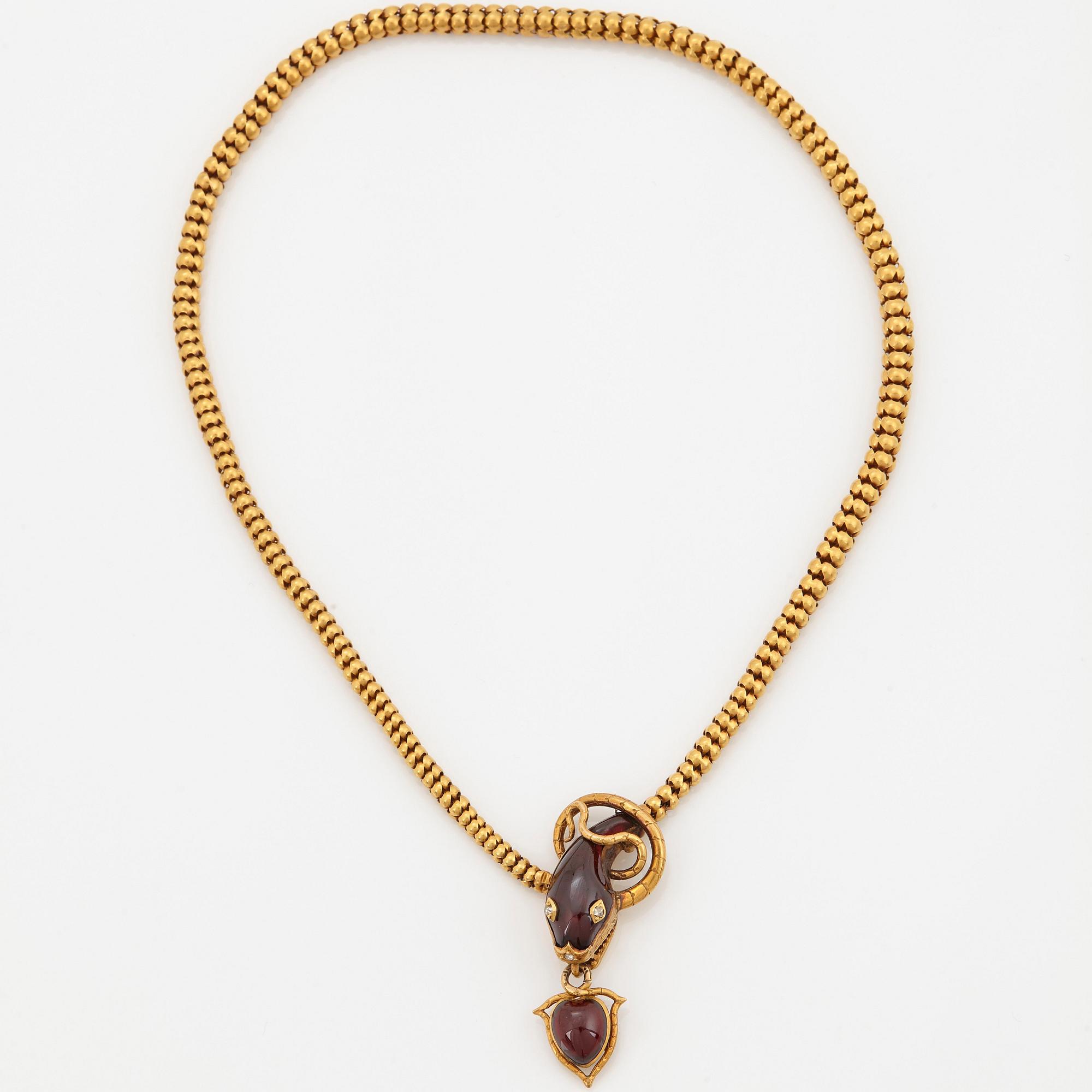 Collier 14K guld med granater och rosenslipade diamanter.