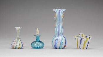 MURANOGLAS, 3 vaser och flakong med propp, Vetri Molati, Italien, 1900-tal.