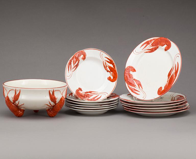 SERVISDELAR, 13 delar, flintgods. Alf Wallander, Kräftservis, Rörstrand. 1900-talets början.