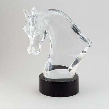 A Lalique Tête de Cheval Glass Horse Head Sculpture, signed.