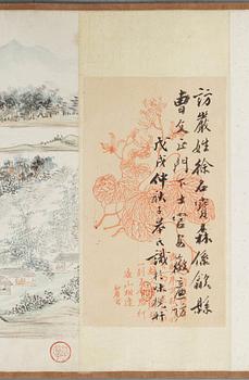 A handscroll by Chen Rong, of a river landscape depicting the farewell of Xu Fangyan leaving Lijiang, dated to 1837.