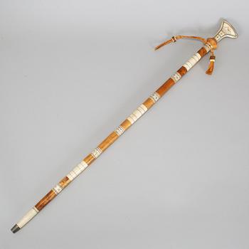 A Sami birch, renideer horn and pewter walking stick.