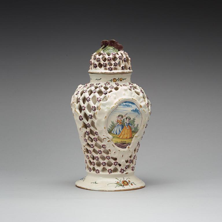 A Magdeburg faience Ajour vase with cover, 18th Century.