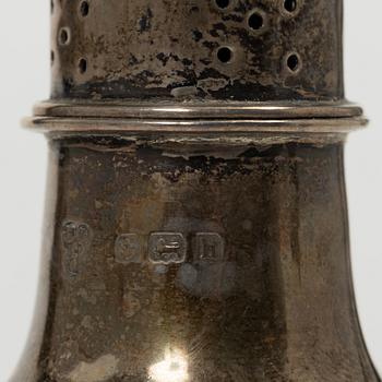 Two silver casters and cream jug, England.