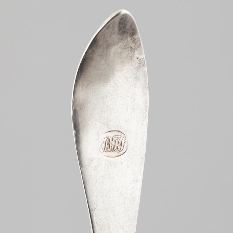 Eleven silver table spoons, mostly by Michael Olof Barkman, Varberg, Sweden, 1845.