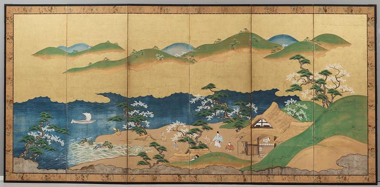 A pair of Japanese six panel screens, Edo period, 19th Century.