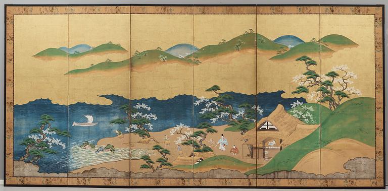 A pair of Japanese six panel screens, Edo period, 19th Century.