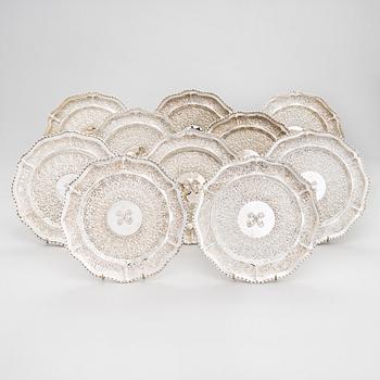 A set of ten repoussé silver dishes, Sri Lanka/Finland, 1981.