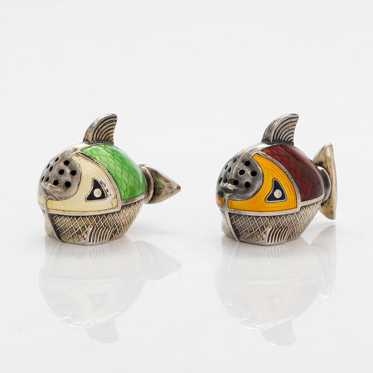 A pair of enamelled sterling silver salt- and pepper shakers, SNM, Norway.