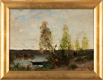 Hjalmar Sandberg, Lakeside Landscape with Figures and Rowboat.