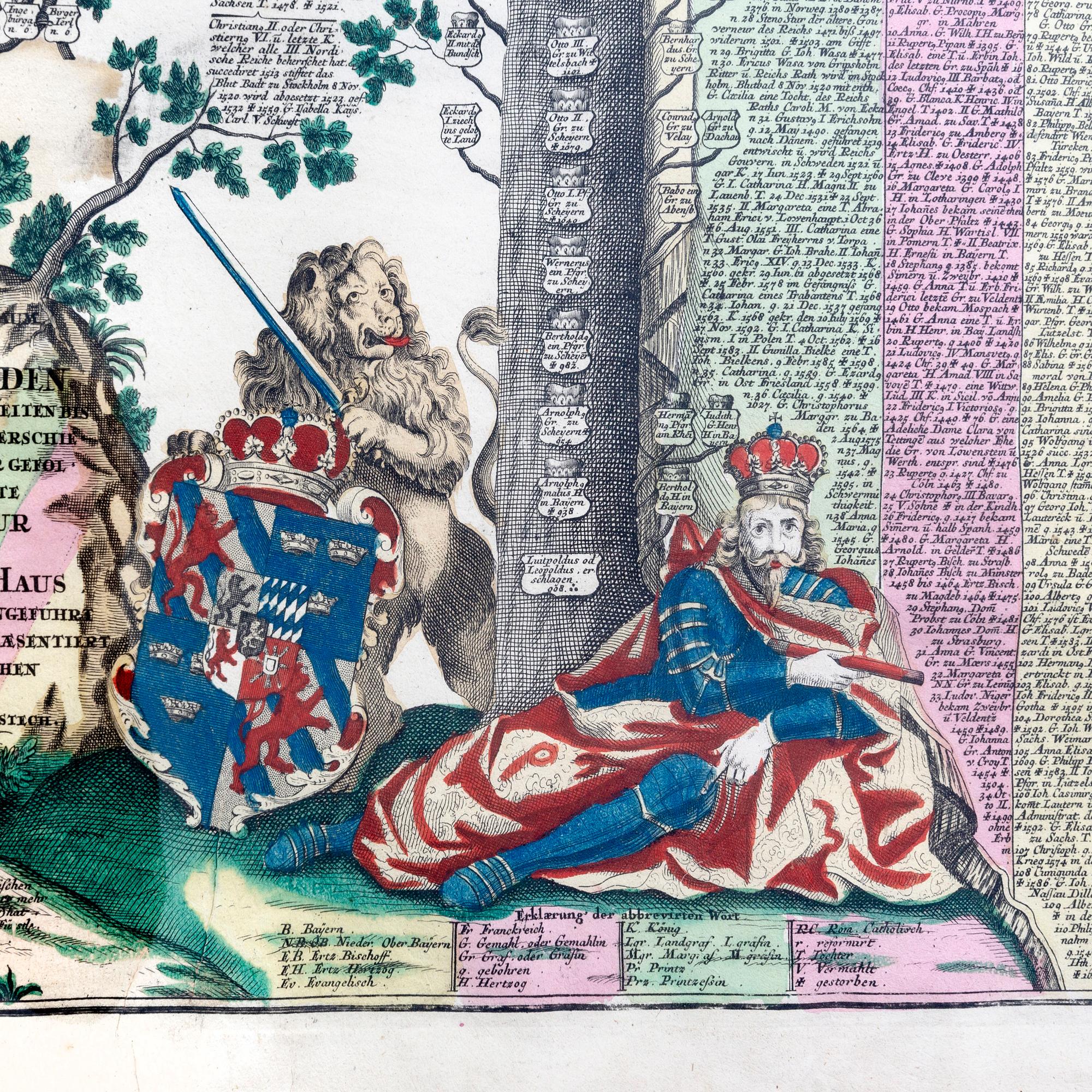 Mattias Seutter, family tree of Sweden's royalty and regents, hand colored copper engraving, Augsburg c 1730s-40s.