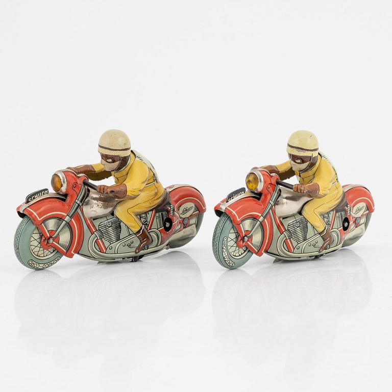 Schuco, four tin motorcycles, 'Curvo 1000' and 'Motodrill 1006', U.S. Zone Germany , mid 20th century.