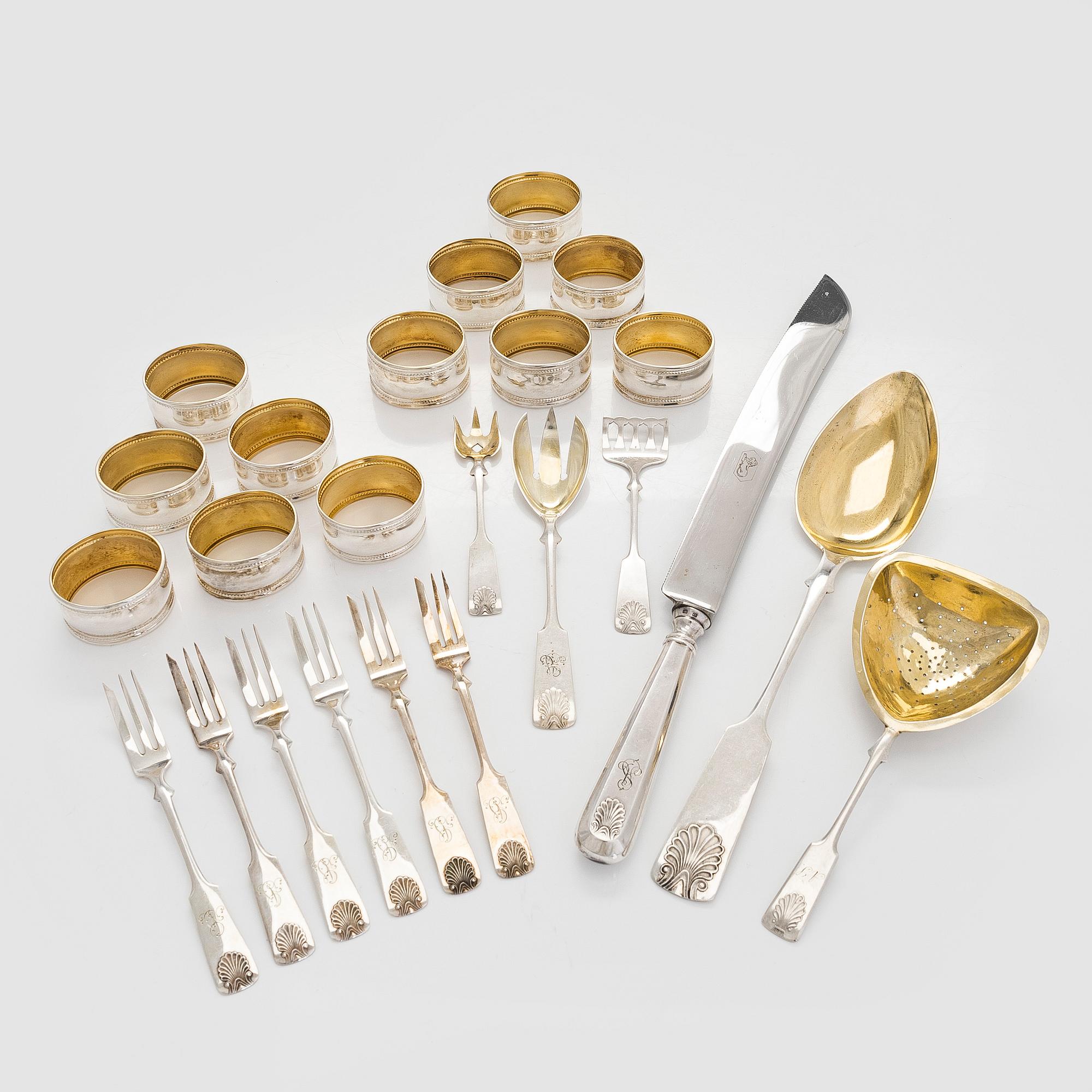 Cutlery, 12 pcs and napkin rings 12 pcs, silver, Finland 1939-1963.