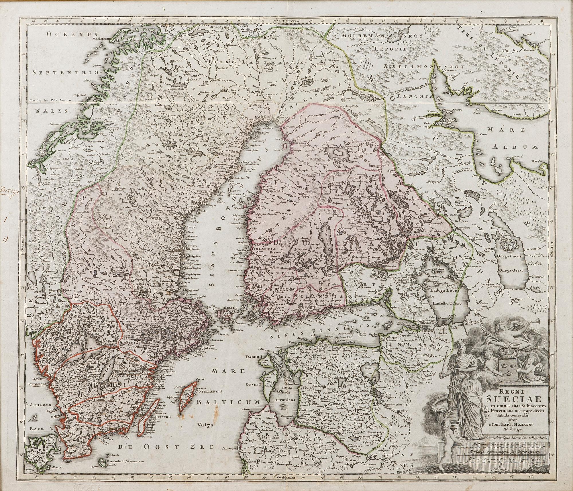 KARTA, handkolorerat kopparstick, Johann Baptist Homann, 1700-tal.