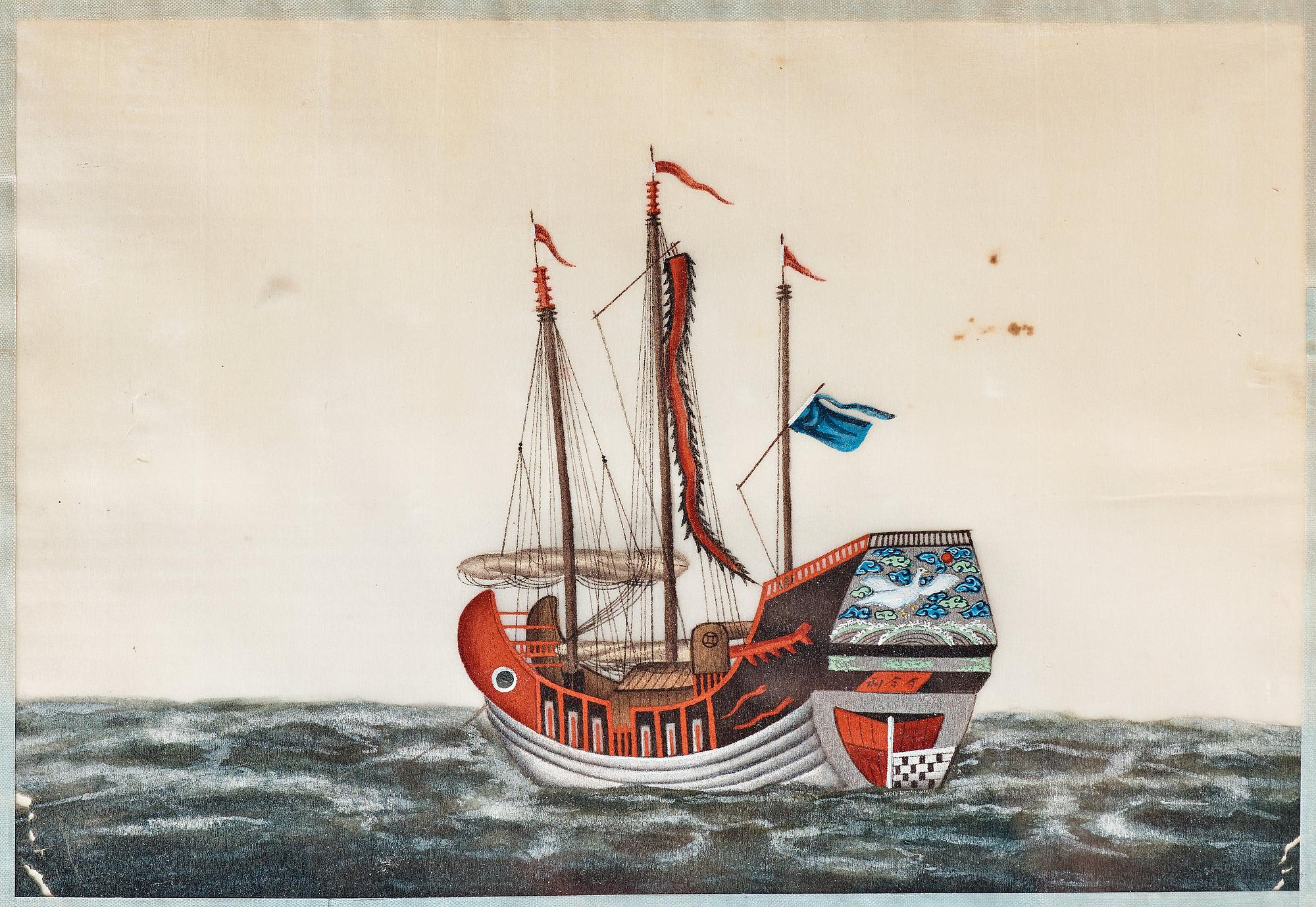 MÅLNINGAR, sex stycken, tusch och akvarell på rispapper. Kina, Qingdynastin, 1800-tal. "Djonker".