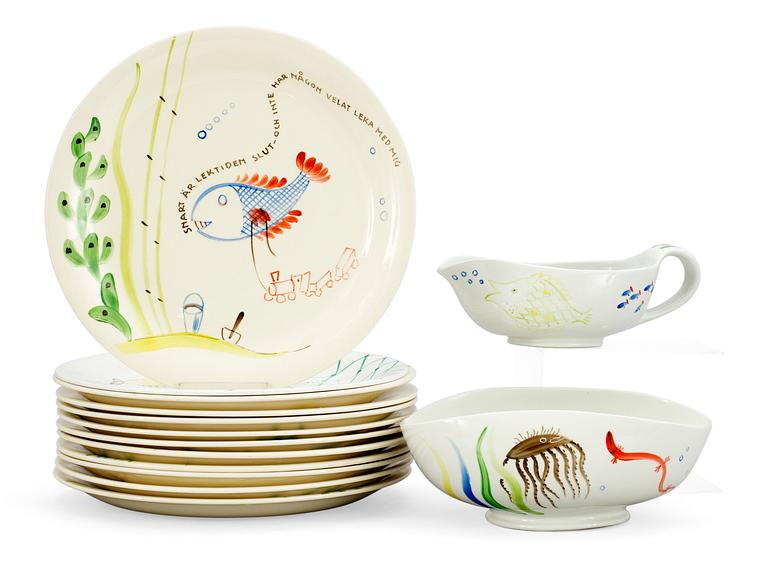 A Stig Lindberg set of 12 'Löja' creamware plates, a sauceboat and a bowl, Gustavsberg 1948-62, model WB.