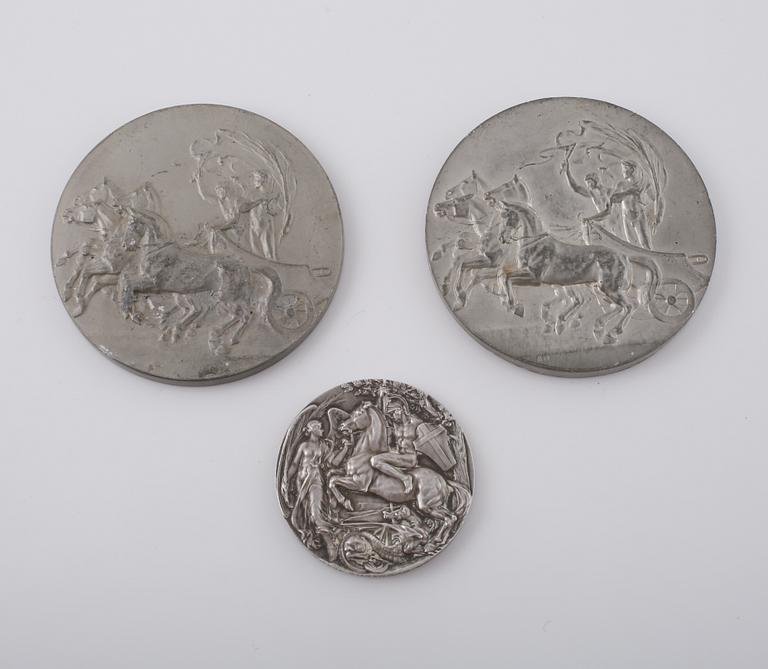 MEDALJ, ETSNING samt MINNESPLAKETTER, 2 st, Olympiska Spelen, London, 1908 samt Stockholm, 1912.