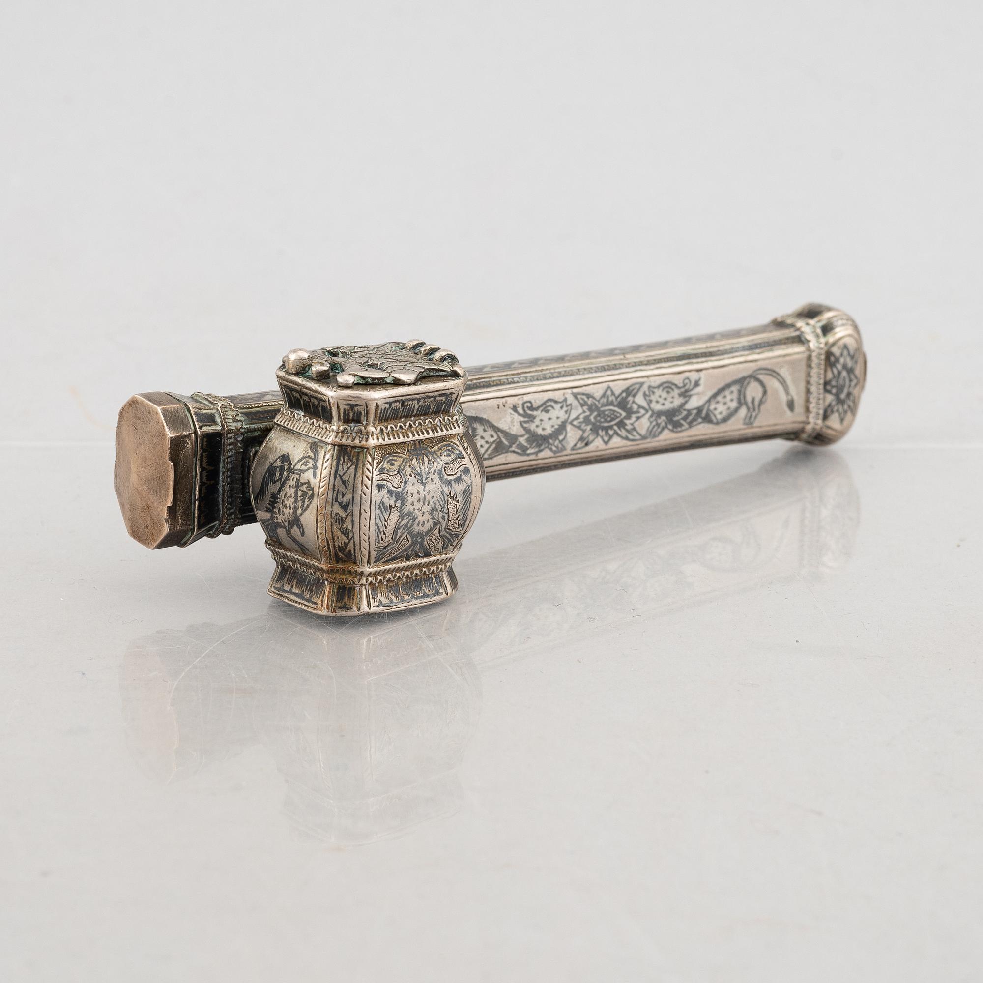 Pen case with inkwell, Qalamdan, brass with niello decoration, Ottoman Empire, around 1900.