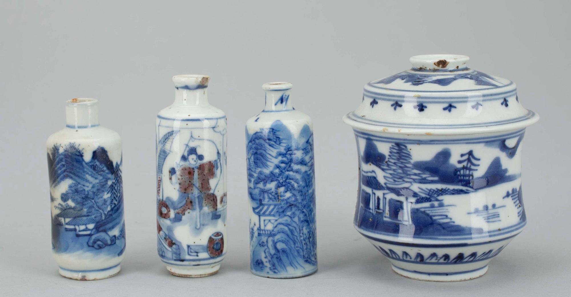 KANNELLINEN KUPPI ja NUUSKAPULLOJA, 3 kpl, posliinia, Kiina, Qing-dynastia 1800-luku.