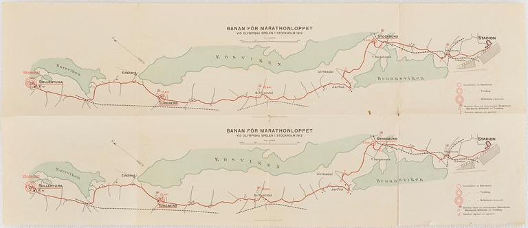 A poster and a map of the marathon track of the Olympic Games in Stockholm 1912.