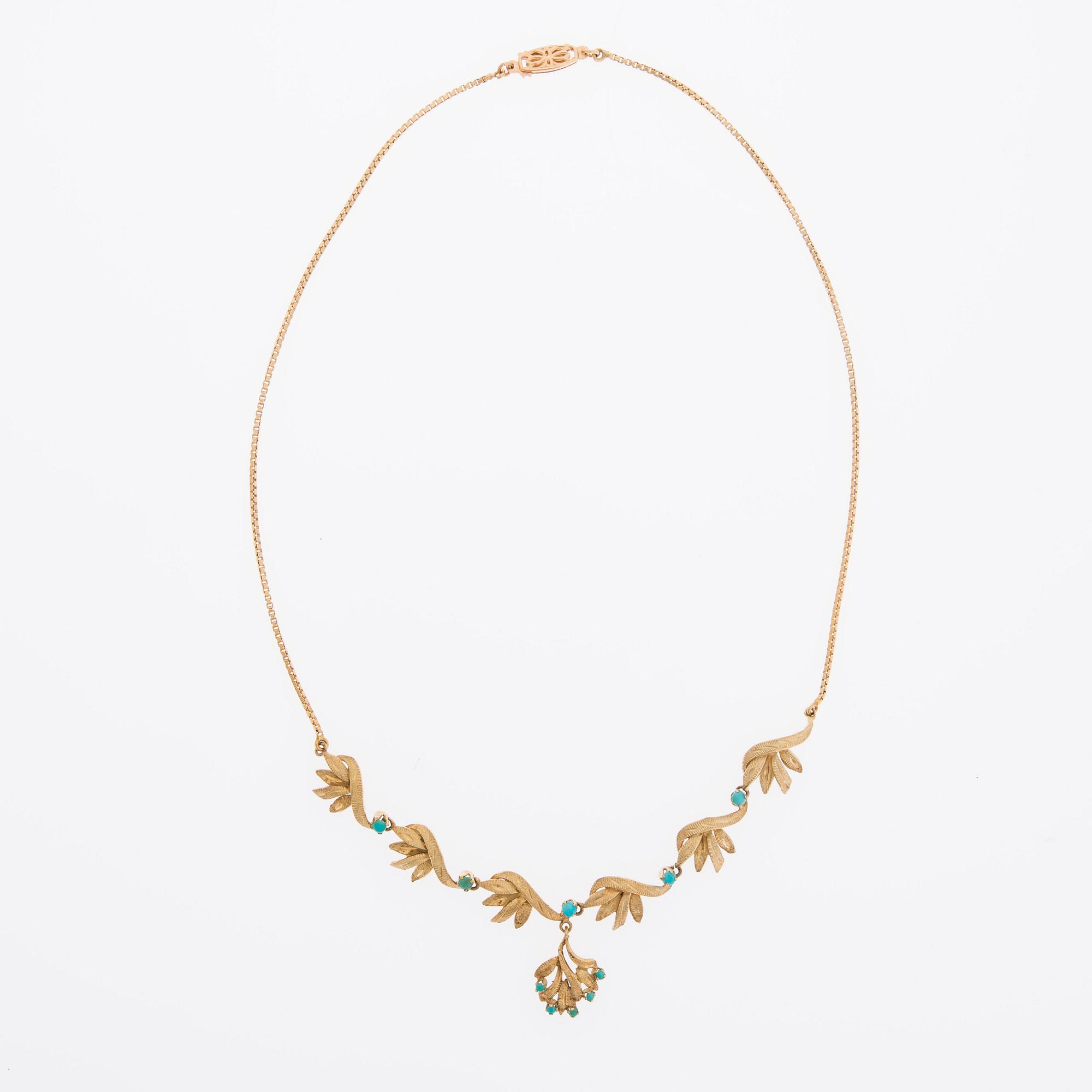 COLLIER och ÖRHÄNGEN, 14K guld, cabochonslipade turkoser. Hugo Grün, Helsingfors 1966.