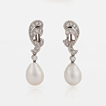 848. A PAIR OF EARRINGS set with most likely natural pearls and old-cut diamonds.