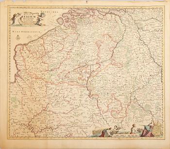 KARTOR, 3 st, kolorerade kopparstick, Belgien, 1700-tal.