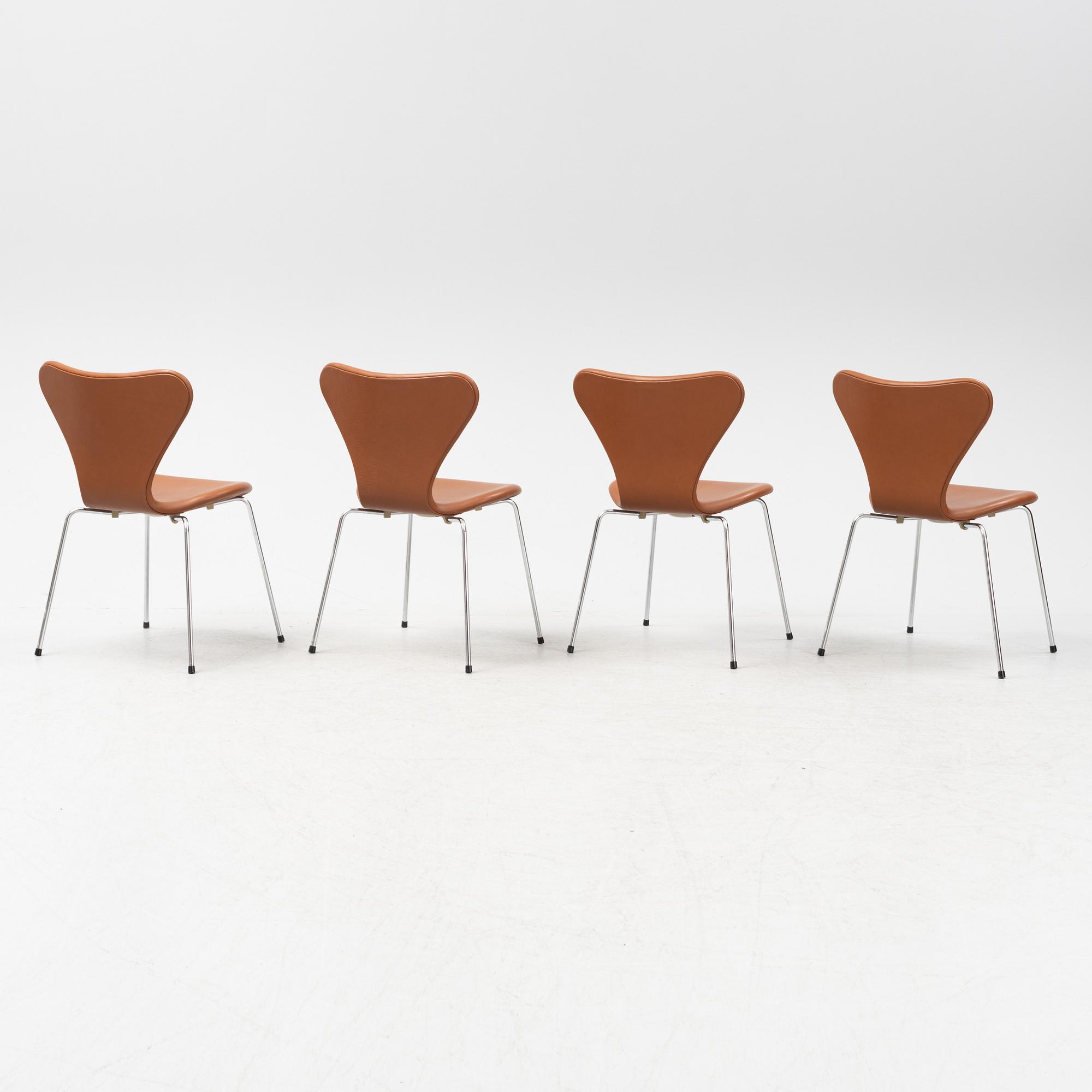 Arne Jacobsen, four 'Seven' chairs, Fritz Hansen, Denmark, 21st century.