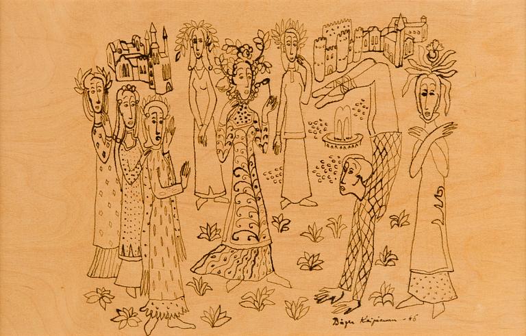 Birger Kaipiainen, piirros, tussi vanerille, signeerattu ja päivätty -46.