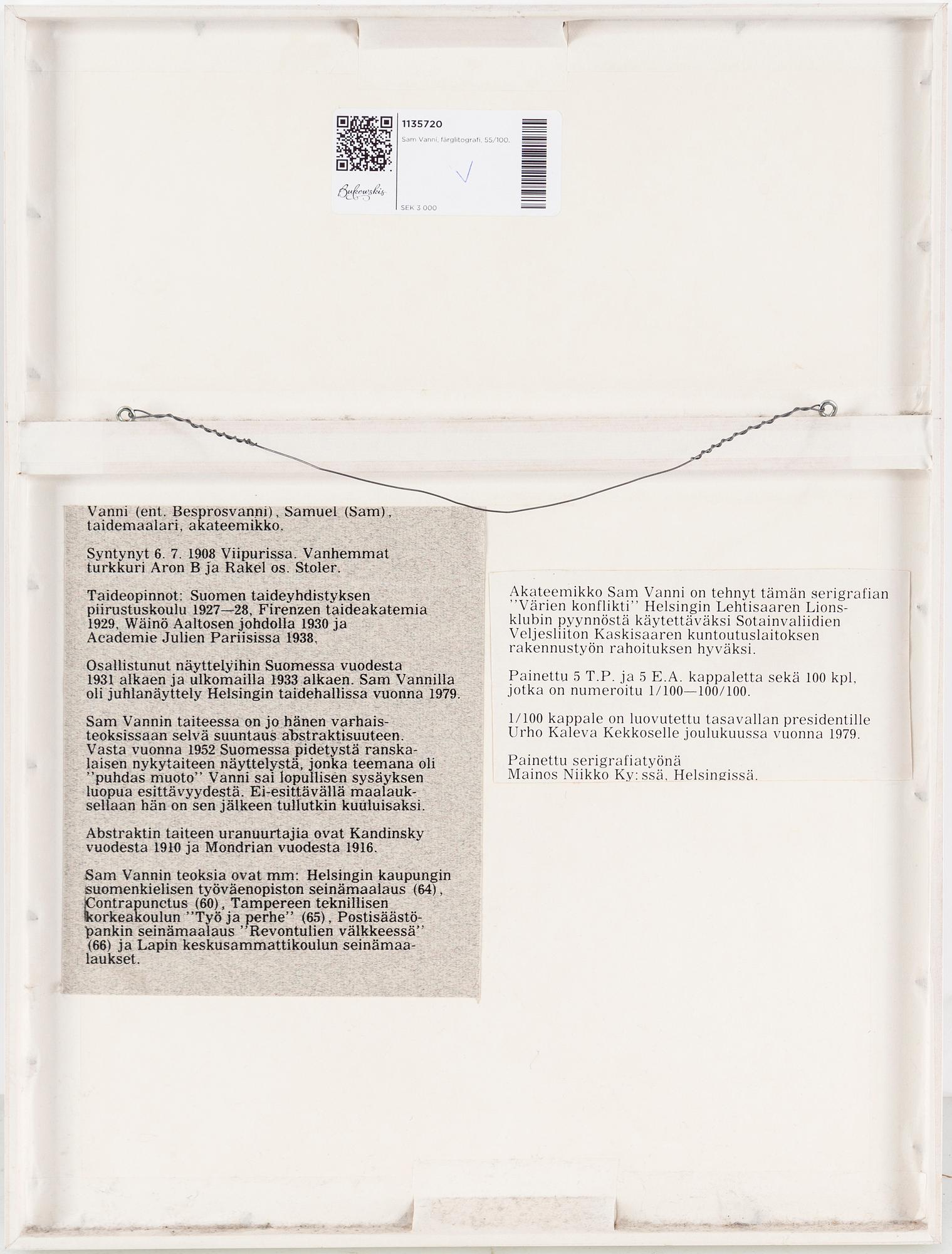 SAM VANNI, serigrafia, signeerattu, päivätty -79 ja numeroitu 55/100.